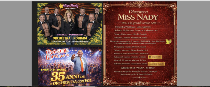 Calendario eventi Discoteca Miss Nady